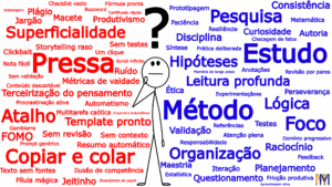 Capa do artigo “A ilusão do atalho perfeito”: personagem pensativo ao centro; nuvem de palavras contrasta o caminho do aprendizado (azul) com o atalho ilusório (vermelho) na era da IA.