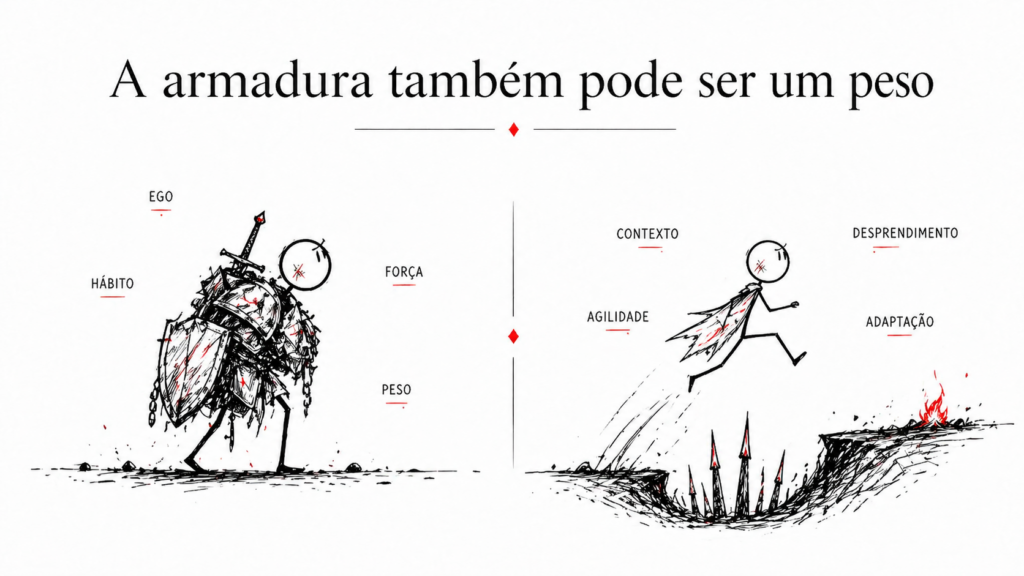 Ilustração de personagem em palito comparando armadura pesada e leveza, simbolizando adaptação em Dark Souls.