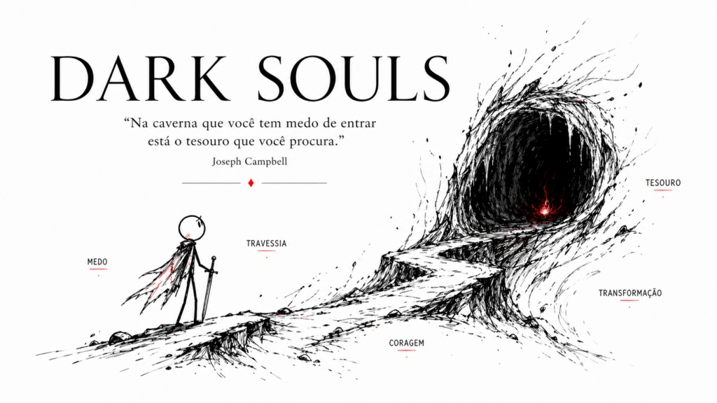 Ilustração de personagem em palito diante de uma caverna escura, com referência à frase de Joseph Campbell sobre medo e tesouro.