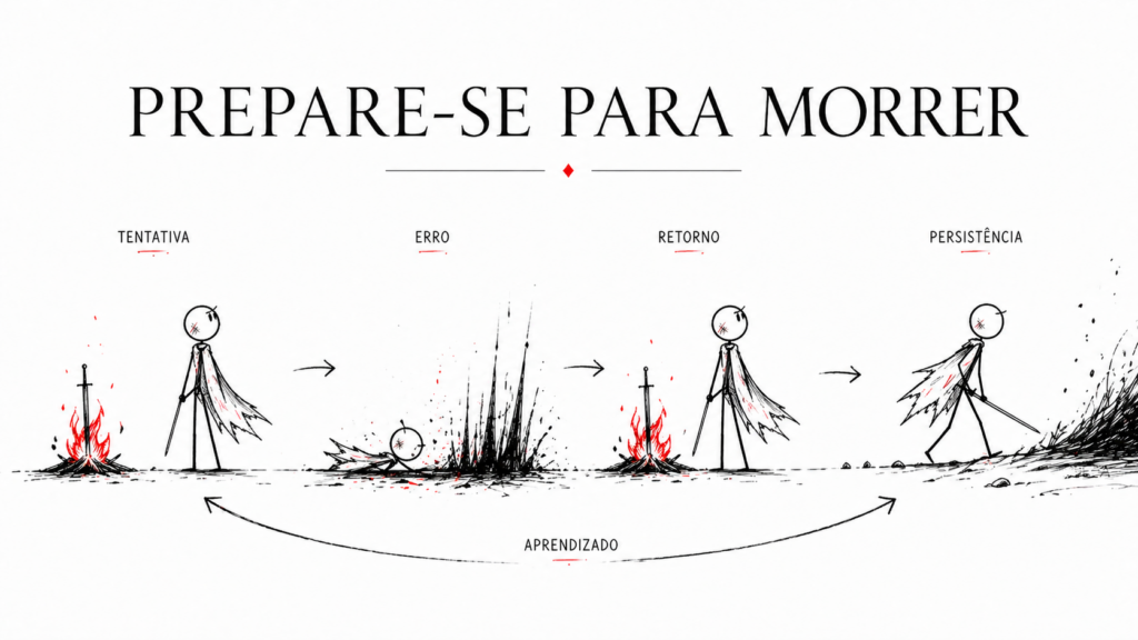 Ilustração em fundo branco mostrando o ciclo de tentativa, erro, retorno e persistência em Dark Souls.