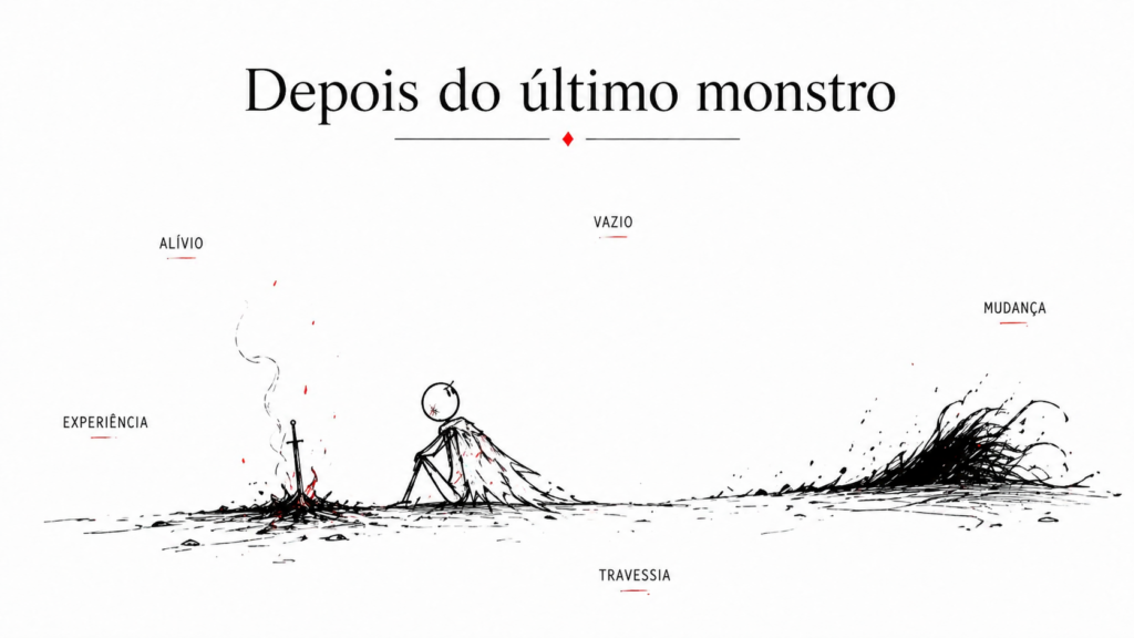 Ilustração de personagem sentado perto de uma fogueira após vencer o último monstro, simbolizando vazio e alívio.